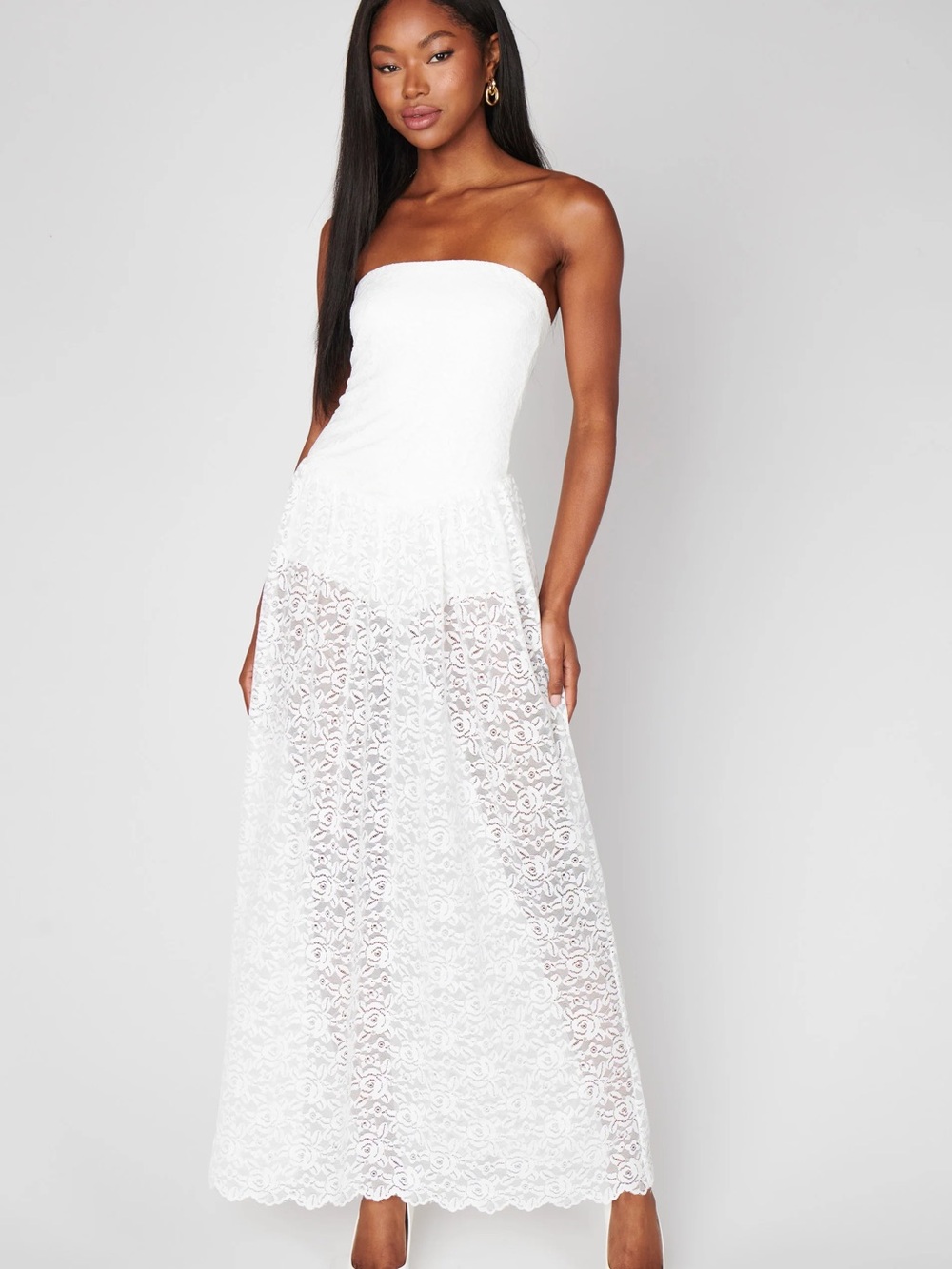 Show Me Your Mumu Strapless White Lace Maxi Dress